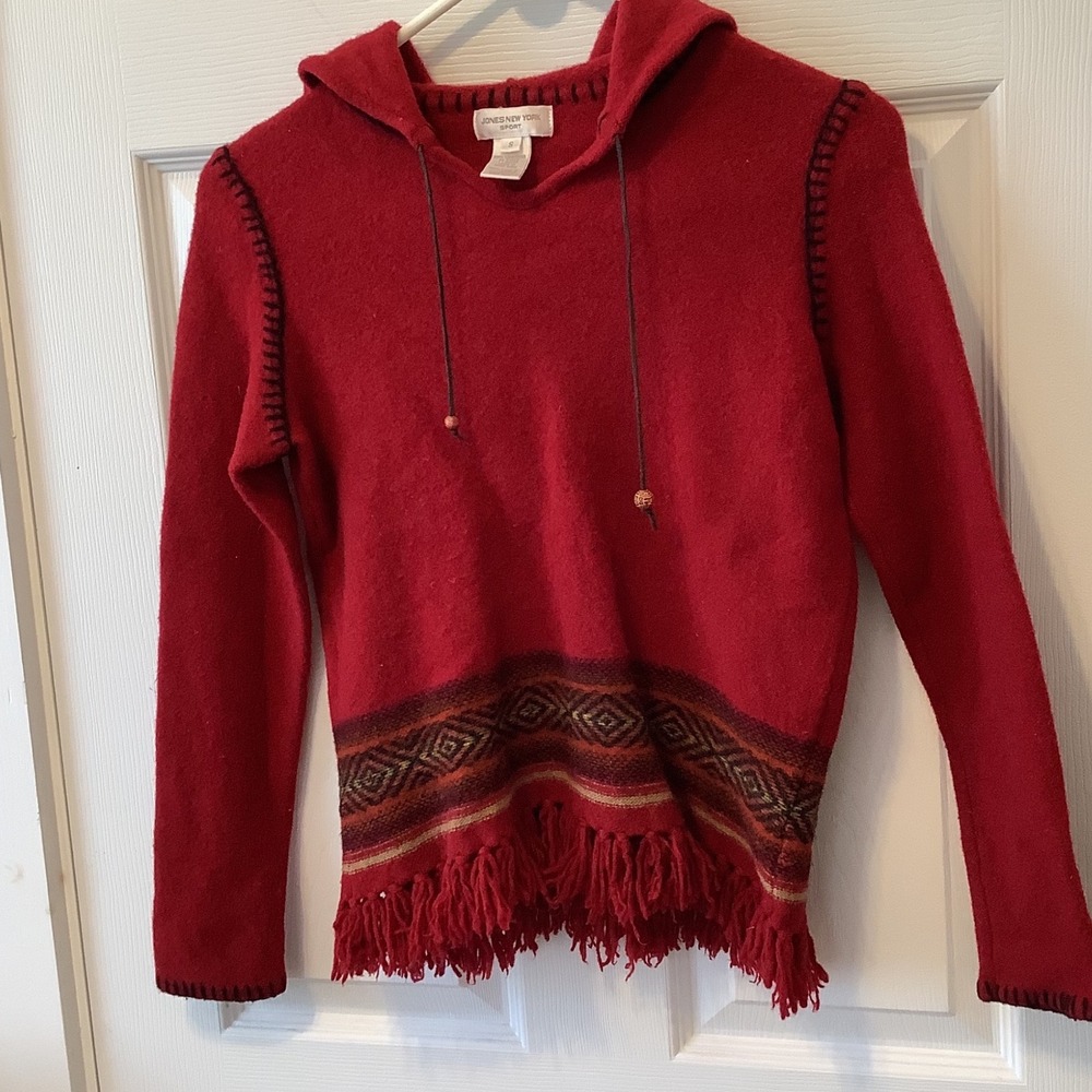 Jones New York Sport Red Lambswool Fringe Hooded Sweater Southwestern Small - Picture 3 of 8